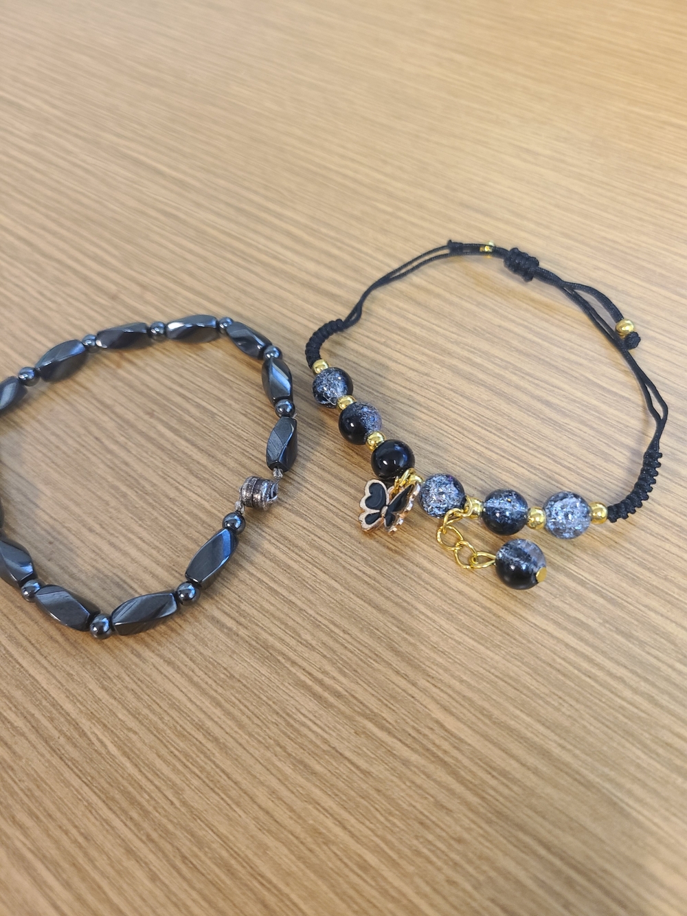 Black Hematite and Glass Duo Bracelet Set with Gold Accents